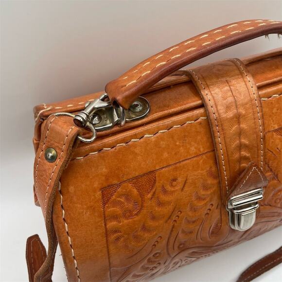 Vintage Tooled Leather Top Handle Handbag Tan Women's Purse Made In Vegas - Picture 3 of 15